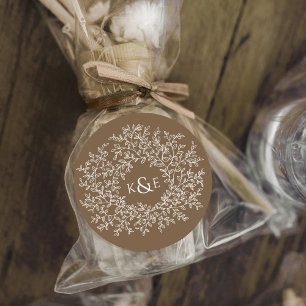 Fall leaves white on brown wedding monogram classic round sticker
