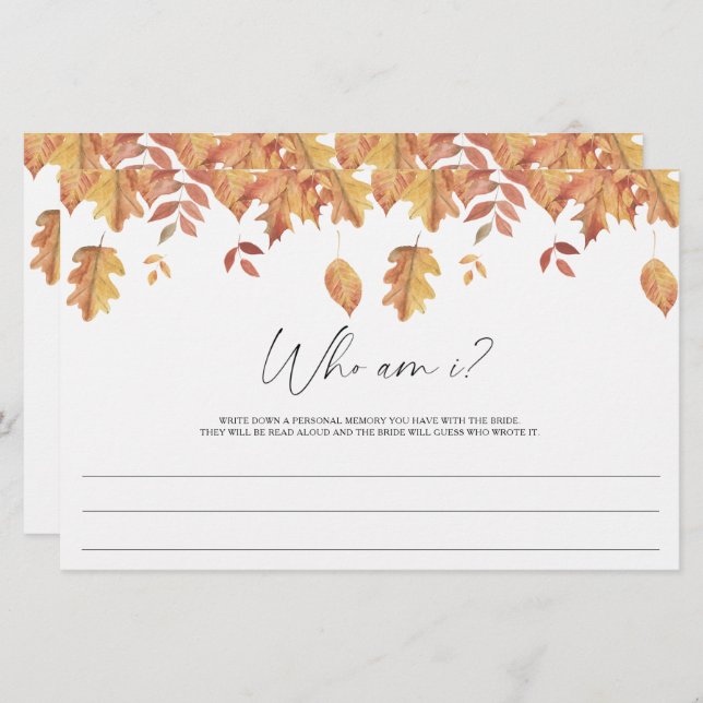 Fall leaves - Who am I bridal shower game Stationery (Front/Back)
