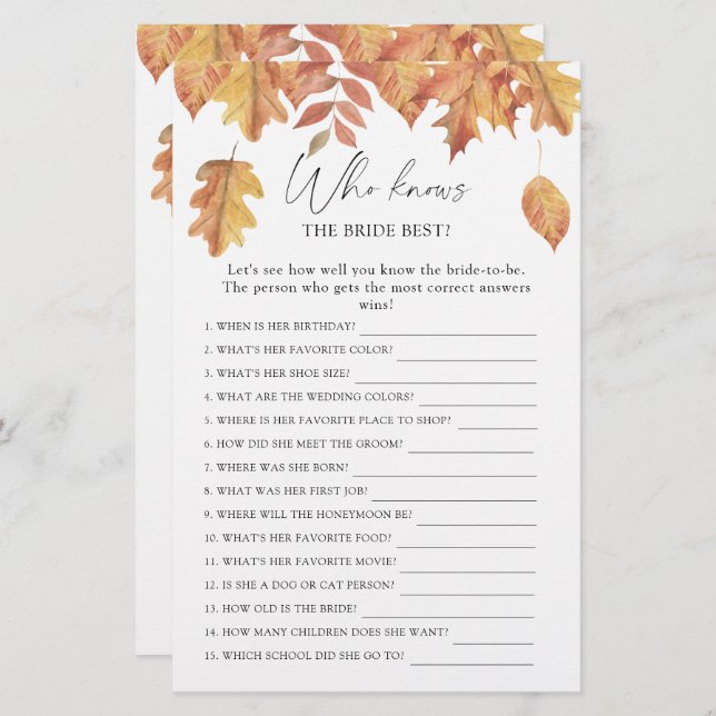 Fall leaves - Who knows the bride best game (Front/Back)