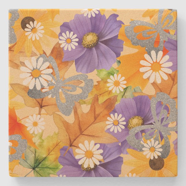 Fall leaves with silver butterflies stone coaster (Front)