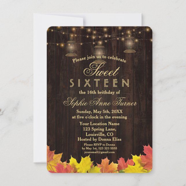 Fall Leaves Wood Old Lanterns SWEET SIXTEEN Invitation (Front)