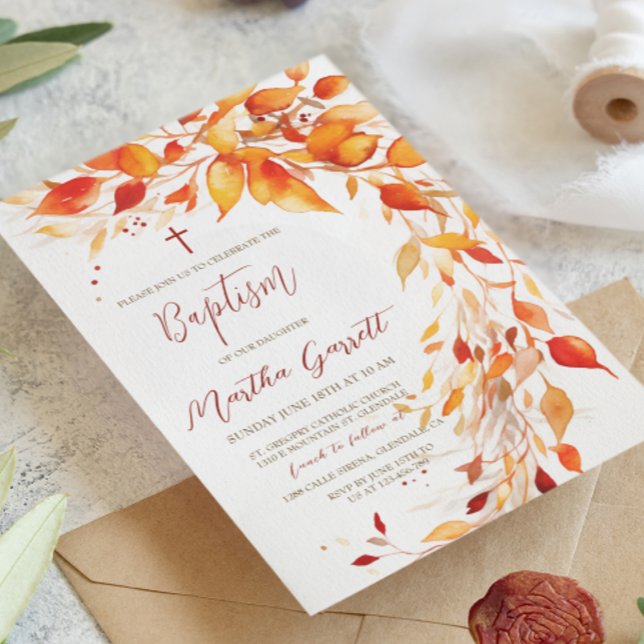 Fall Leaves Yellow and Red Girl Baptism  Invitation (Creator Uploaded)