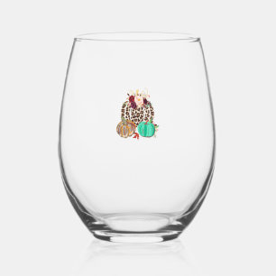 Fall Leopard Cheetah Pumpkin Rustic Halloween Than Stemless Wine Glass