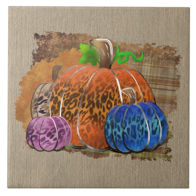 Fall Leopard Print Autumn Pumpkins On Plaid  Ceramic Tile (Front)