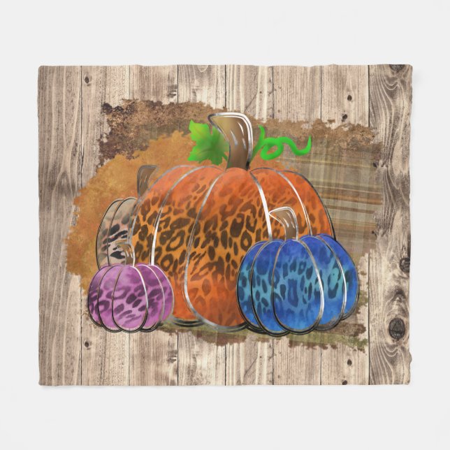 Fall Leopard Print Autumn Pumpkins On Plaid  Fleece Blanket (Front (Horizontal))