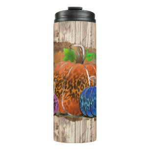 Fall Leopard Print Autumn Pumpkins On Plaid Thermal Tumbler