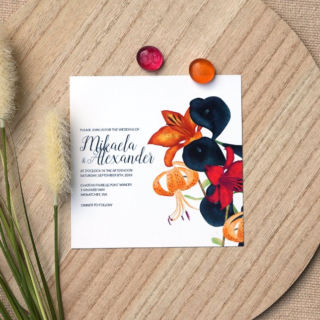 Fall Lilies, Square Wedding Invitation (Orange, Magenta, Navy Blue Fall Color Palette Wedding Invitations, Botanical Tiger Lilies)