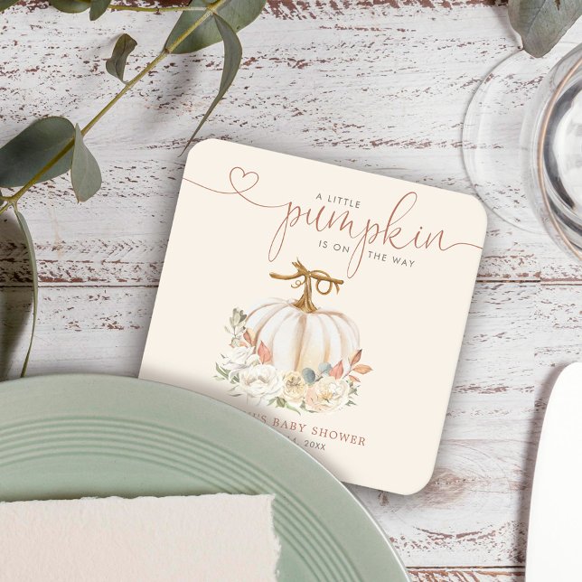 Fall Little Pumpkin Baby Shower Square Paper Coaster (A little pumpkin fall floral rustic baby shower coaster decor is perfect way to celebrate.)