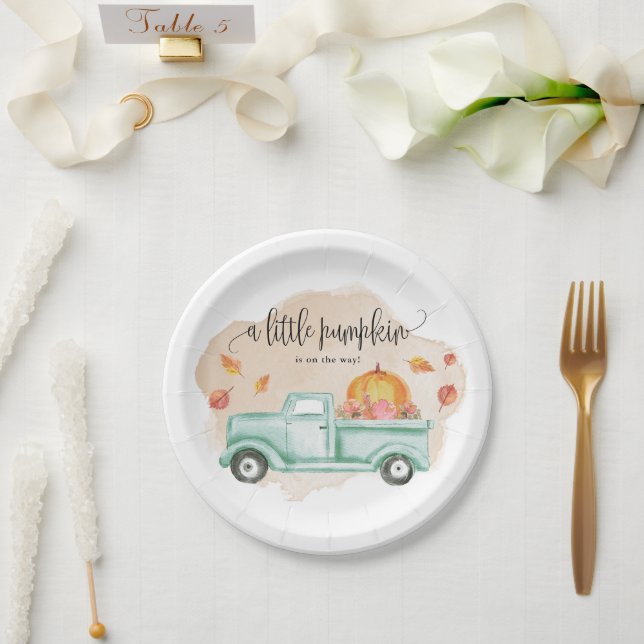 Fall Little Pumpkin Farm Truck Baby Shower Dessert Paper Plate (Wedding)