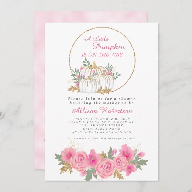 Fall Little Pumpkin Pink Gold Floral Baby Shower Invitation (Front/Back)