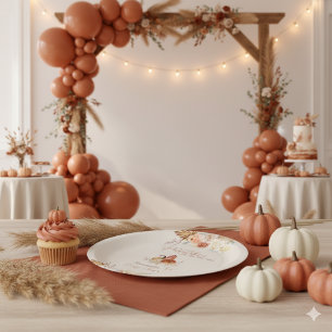Fall Little Pumpkin Rustic Terracotta Baby Shower Paper Plate