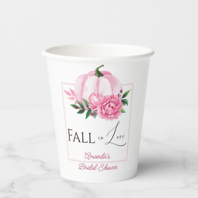 Fall Love Blush Pink Pumpkin Rustic Bridal Shower Paper Cups (Front)