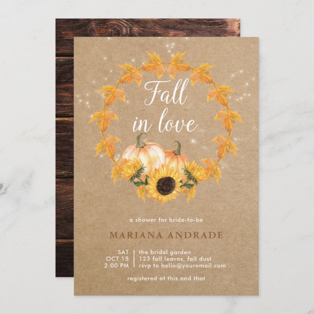Fall Love Bridal Shower Autumn Wreath Rustic Kraft Invitation (Front/Back)