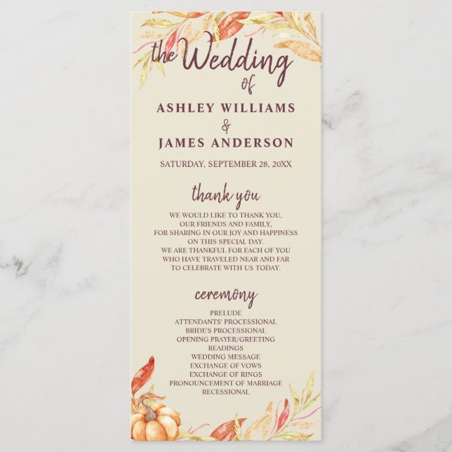 Fall Love Golden Foliage Antique White Wedding Program (Front)