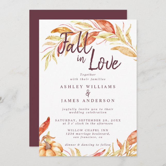 Fall Love Golden Foliage Autumn Burgundy Wedding Invitation (Front/Back)