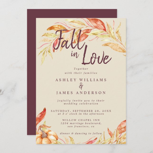 Fall Love Golden Foliage Autumn Burgundy Wedding  Invitation (Front/Back)