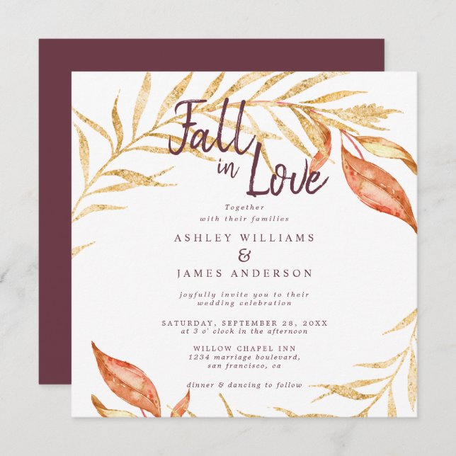 Fall Love Golden Foliage Autumn Burgundy Wedding Invitation (Front/Back)