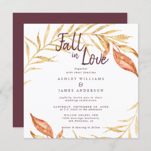 Fall Love Golden Foliage Autumn Burgundy Wedding Invitation