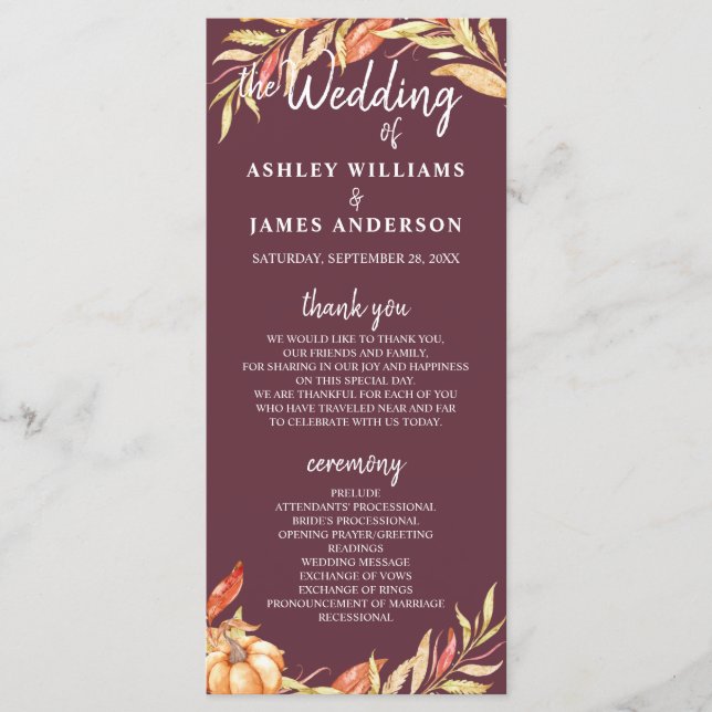 Fall Love Golden Foliage Burgundy Wedding Program (Front)