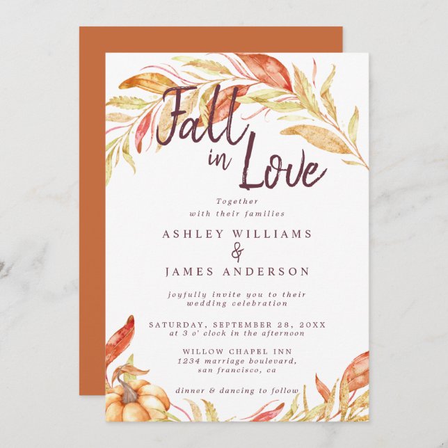 Fall Love Golden Foliage Burnt Orange Invitation (Front/Back)