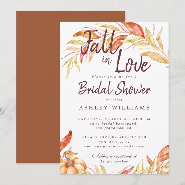 Fall Love Golden Foliage TerraCotta Bridal Shower Invitation (Front/Back)