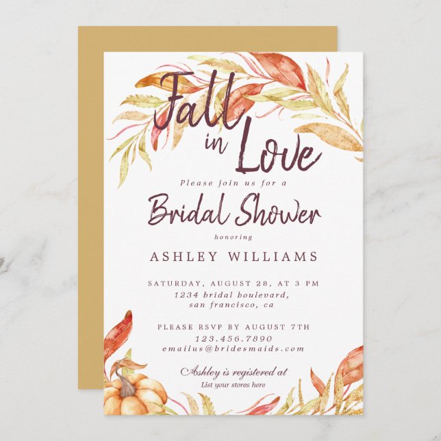 Fall Love Golden Foliage Yellow Bridal Shower Invitation (Front/Back)