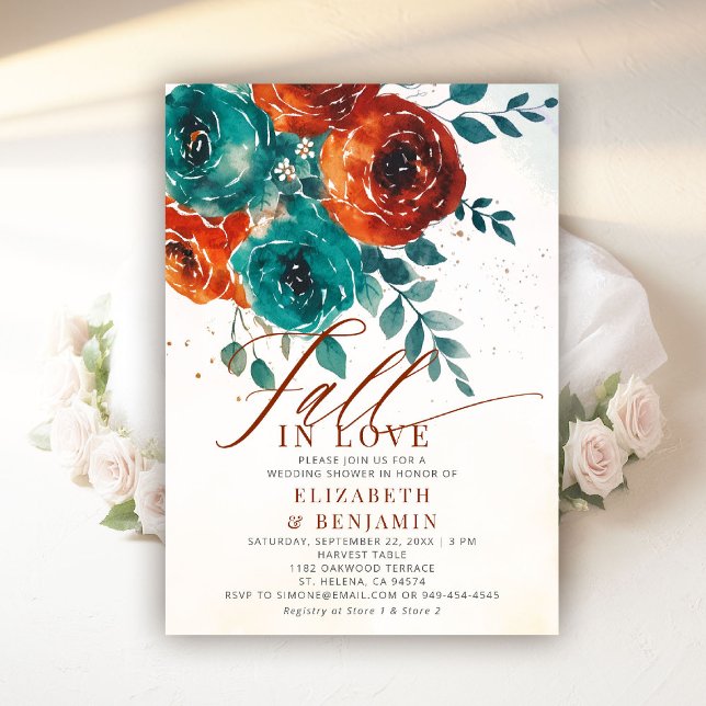 Fall Love Modern Teal Orange Wedding Bridal Shower Invitation (fall in love wedding shower invitation teal burnt orange terracotta watercolor floral elegant rustic)