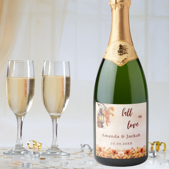 Fall love orange flowers leaves wedding sparkling wine label (Creator Uploaded)