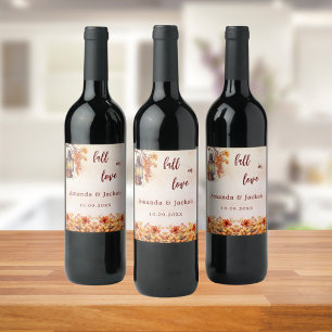 Fall love orange flowers leaves wedding wine label