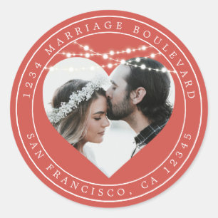 Fall Love Rustic Lights Red Wedding Photo  Classic Round Sticker