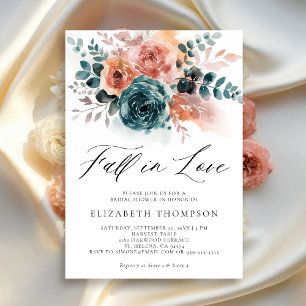 Fall Love Teal Burnt Orange Floral Bridal Shower Invitation