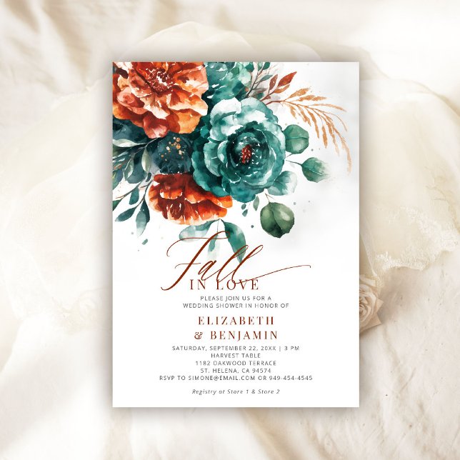 Fall Love Teal Burnt Orange Wedding Bridal Shower Invitation (fall in love wedding shower invitation teal burnt orange terracotta watercolor calligraphy rustic)