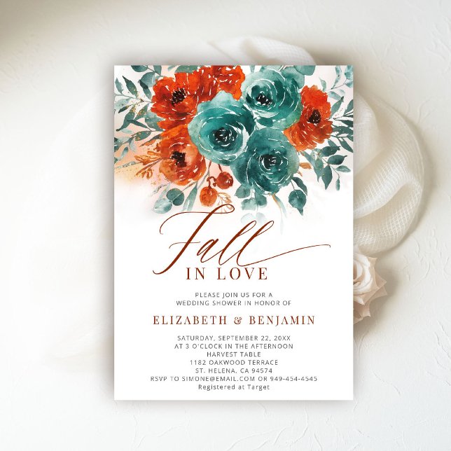 Fall Love Teal Orange Blooms Wedding Bridal Shower Invitation (fall in love wedding shower invitation teal burnt orange terracotta watercolor calligraphy romantic)