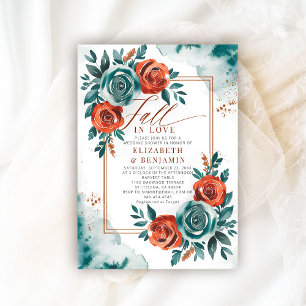 Fall Love Teal Orange Frame Wedding Bridal Shower Invitation