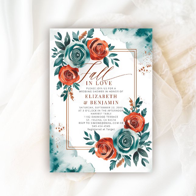 Fall Love Teal Orange Frame Wedding Bridal Shower Invitation (fall in love wedding shower invitation teal burnt orange terracotta watercolor calligraphy floral)