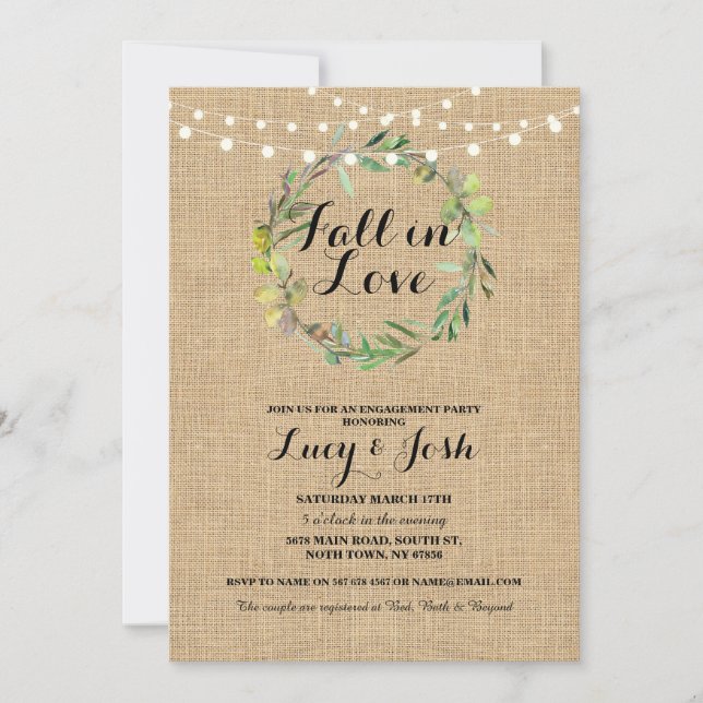 Fall Love Wreath Burlap Engagement Floral Invite (Front)