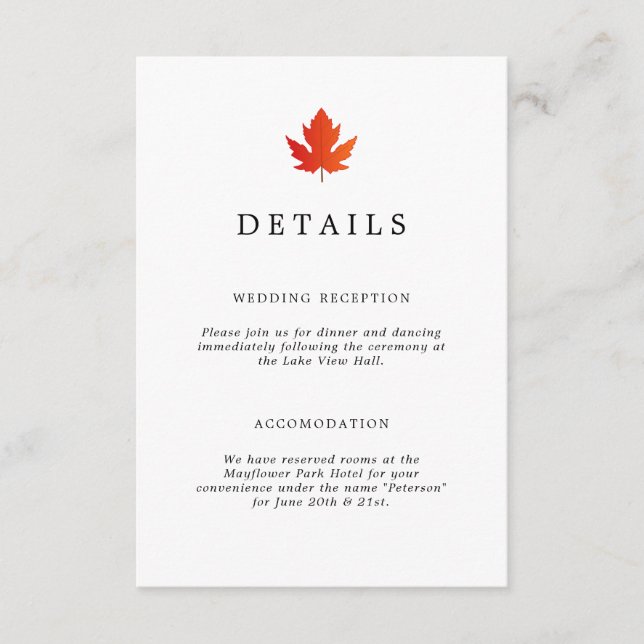 Fall Maple Leaf Black & White Wedding Details Enclosure Card (Front)