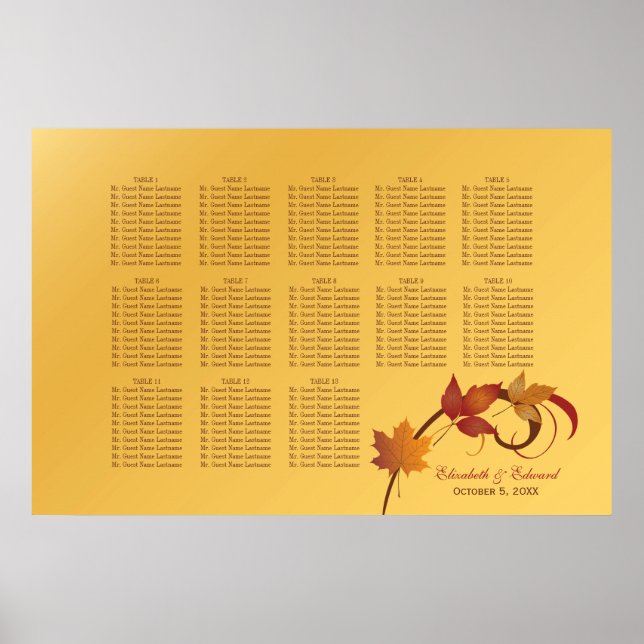 Fall Maple Leaf Gold Wedding Seating Poster (Front)