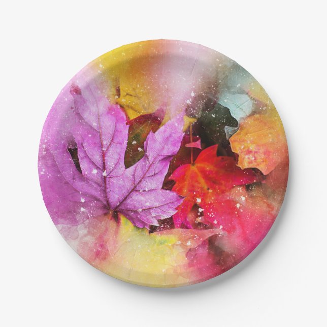 Fall maple leaf watercolor autumn pastel colourful paper plate (Front)