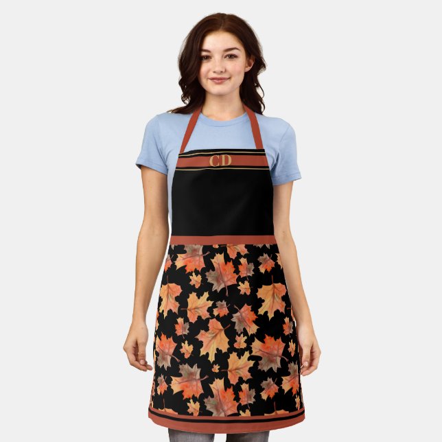 Fall Maple Leaves All-Over Print Black Monogram Apron (Worn)