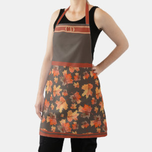 Fall Maple Leaves All-Over Print Brown Monogram Apron