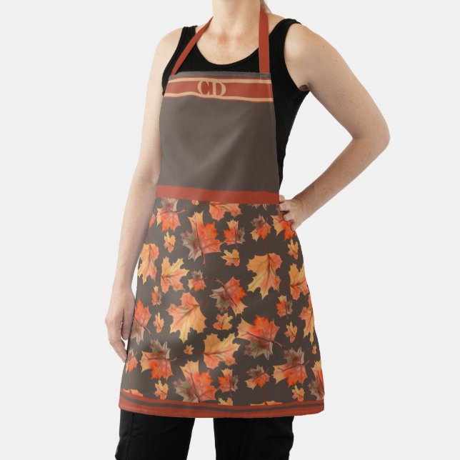 Fall Maple Leaves All-Over Print Brown Monogram Apron (Insitu)