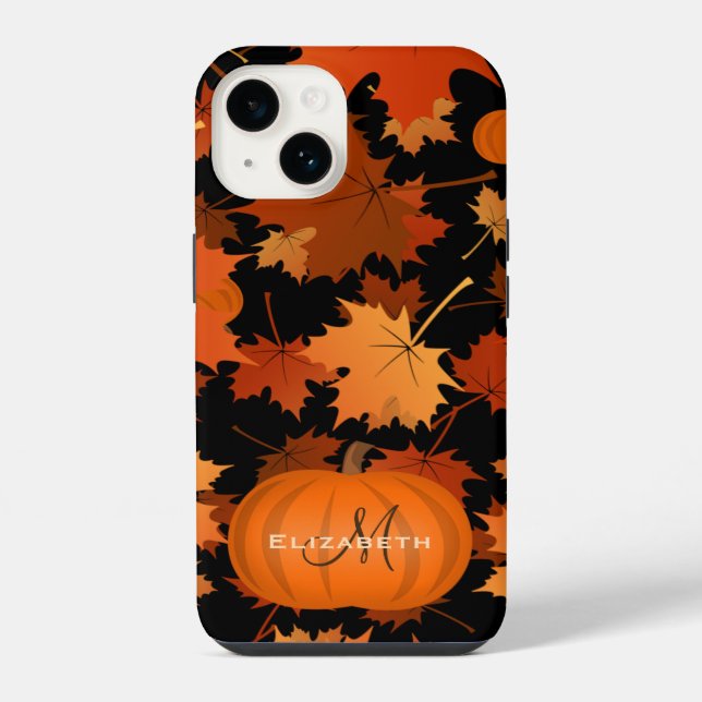 Fall maple leaves and pumpkins name monogram iPhone case (Back)