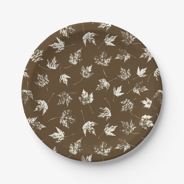 Fall Maple Leaves on brown - seamless pattern. Paper Plate (Front)