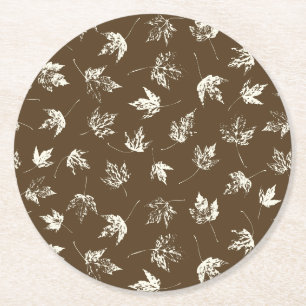 Fall Maple Leaves on brown - seamless pattern. Round Paper Coaster