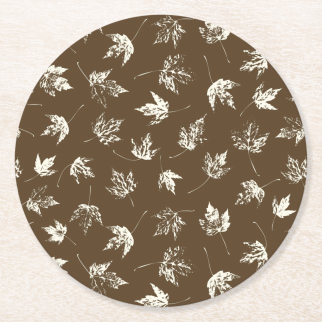 Fall Maple Leaves on brown - seamless pattern.  Round Paper Coaster (Front)