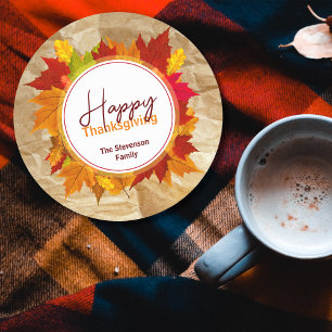 Fall Maple Leaves On Paper Texture Thanksgiving Round Paper Coaster