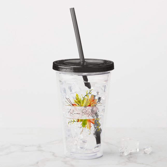 Fall maple leaves with custom text  acrylic tumbler (Front Ice)