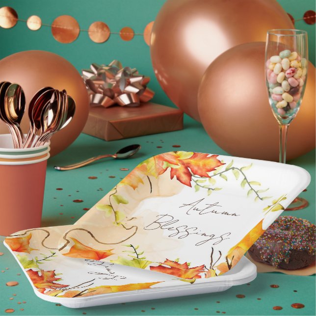Fall maple leaves with custom text   paper plate (Multi)