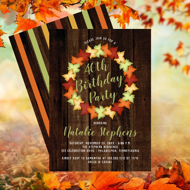Fall Maple Leaves Wreath Faux Wood Birthday Party Invitation (Fall Maple Leaves Wreath Faux Wood 40th Birthday Party Invitation)